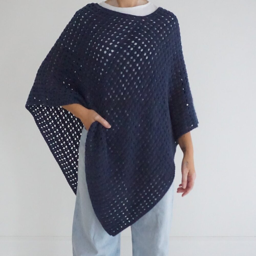 Vintage Basic Editions Navy Crochet Eyelet Openwork Poncho Layering Sweater OS